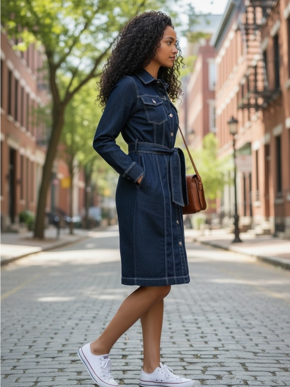 WHBM Stretch Denim Midi Shirt Dress with Corset Belt Dark Indigo